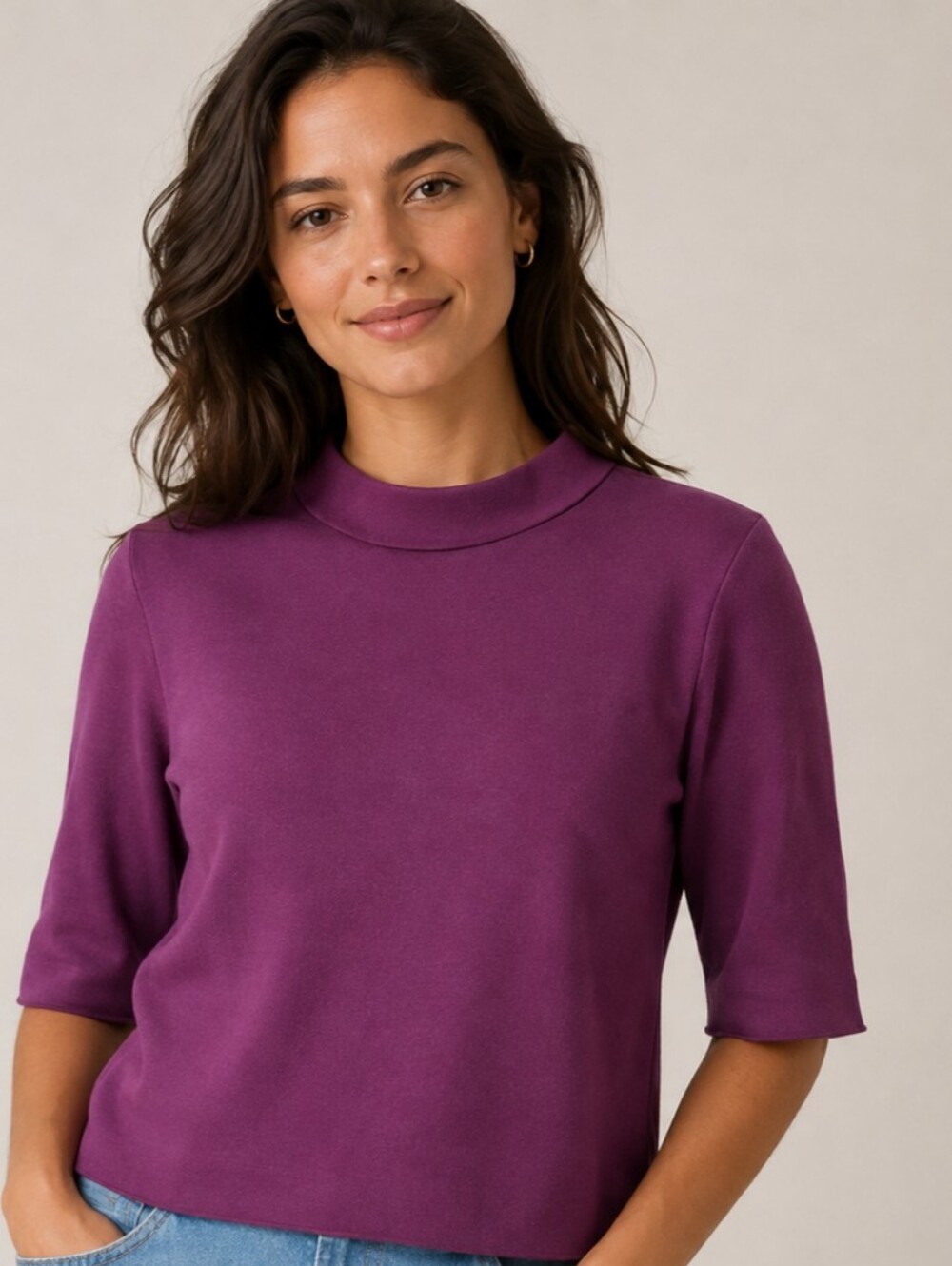 Avara Jackie Plum Mock Neck Bell Sleeve Sweater XS
